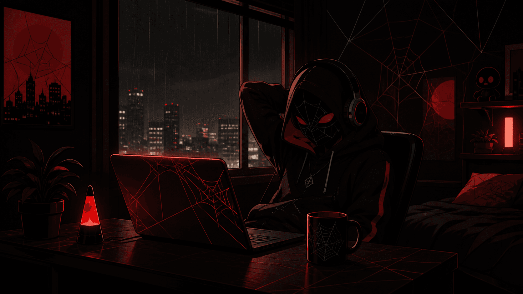 Spider-Man listening to lofi music in a red-lit room
